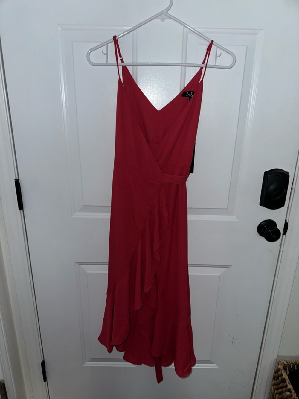 Lulu's Crimson Wrap Midi Dress with Ruffle Detail